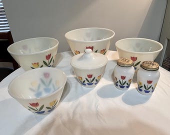 Vintage Fire King Tulip Mixing Bowls and Grease Dripping Jar