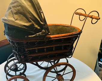 Vintage Antique Victorian Baby Doll Carriage Stroller Buggy Wicker Wood  Steel