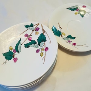 May include: A set of six white ceramic plates with a floral design featuring green leaves, pink and yellow berries. The plates are stacked on top of each other.
