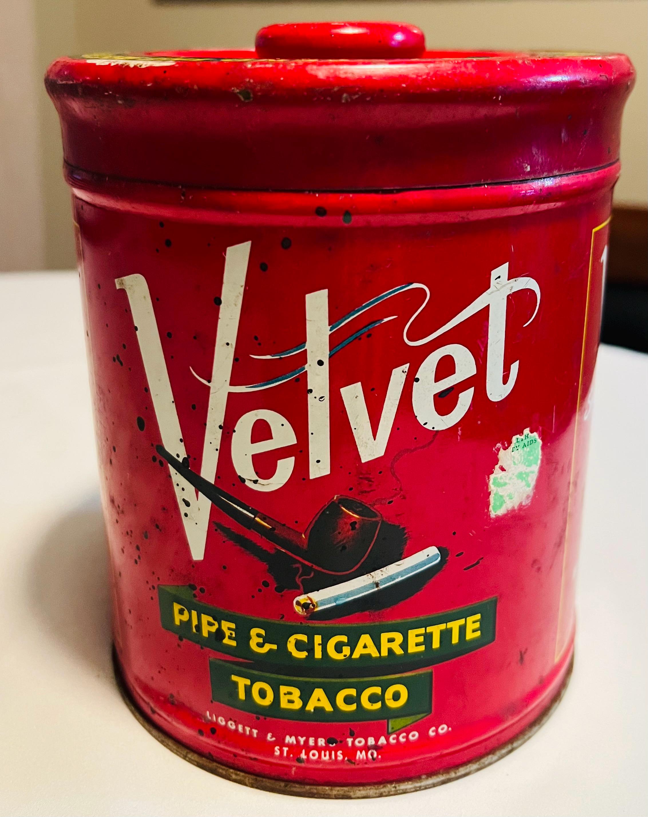 Vintage Velvet Pipe and Cigarette Tobacco Tin With Lid