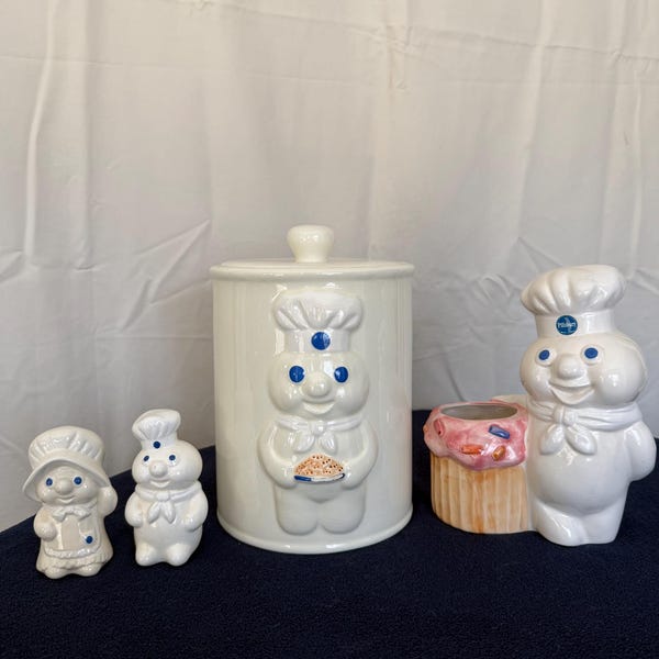 Pillsbury Doughboy Cookie Jar with Salt Pepper Shakers, Cupcake Holder 1990's