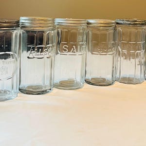 Antique Hoosier Paneled Canister Eight Clear Glass Jars with Lids