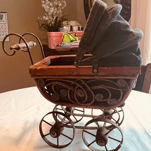 Antique Wicker Doll Pram: Brown & Black Carriage, Photography Prop