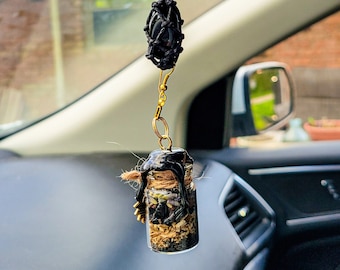 Spell Jar Car Mirror Hanger: Witchy Protection | Black Obsidian, Evil Eye and Safe Travels | Custom Gift