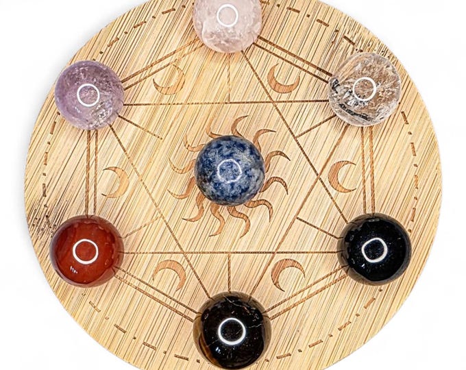 Genuine Crystal Chakra Sphere Set with Wooden Grid