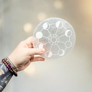 Selenite Charging Plate with Moon Phases | Crystal Charging Tray | Home Decor