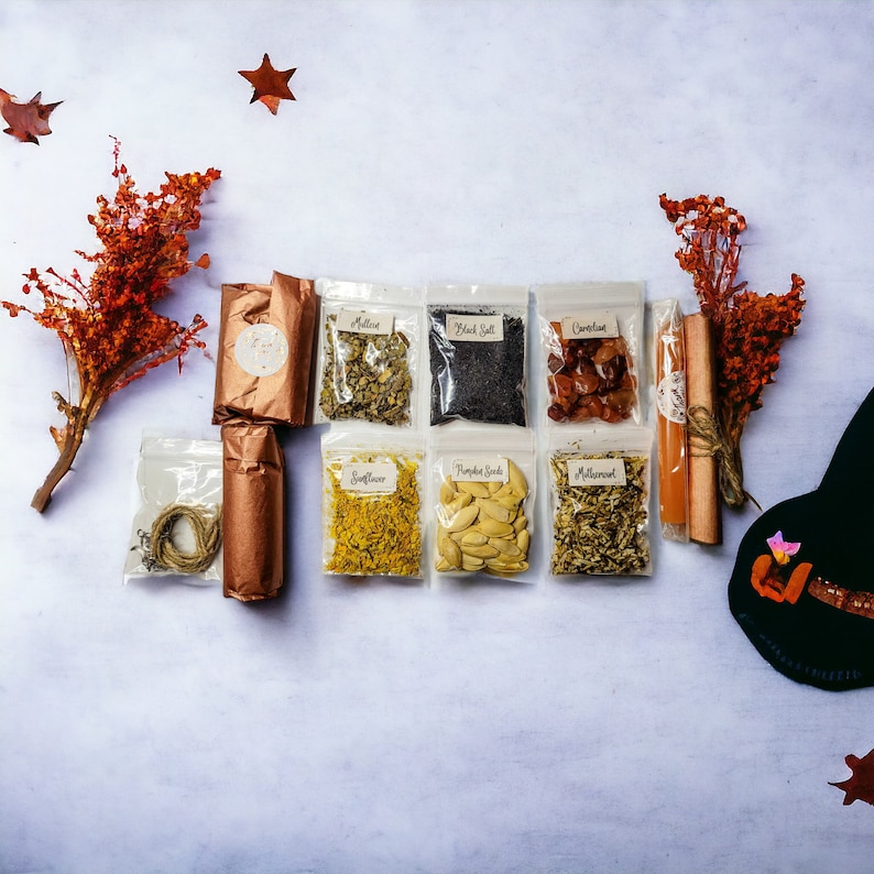 May include: A collection of eight small clear bags containing various dried herbs and spices, including black salt, pumpkin seeds, and sunflower seeds. The bags are arranged in two rows of four on a white surface. There are also two cinnamon sticks, a small brown paper bag, and a small black witch hat with a gold buckle on the surface.