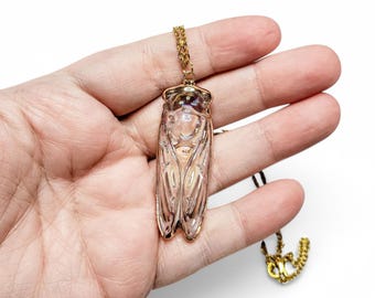 Iridescent Glass Cicada Necklace | Gold Color Electroplated Pendant | Unique Nature Lover Gift