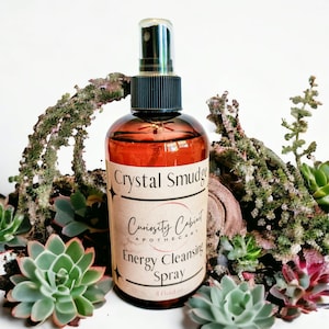 Smokeless Crystal Smudge Spray: Energy Cleansing Essential Oils, Amethyst & Black Tourmaline, 8 oz