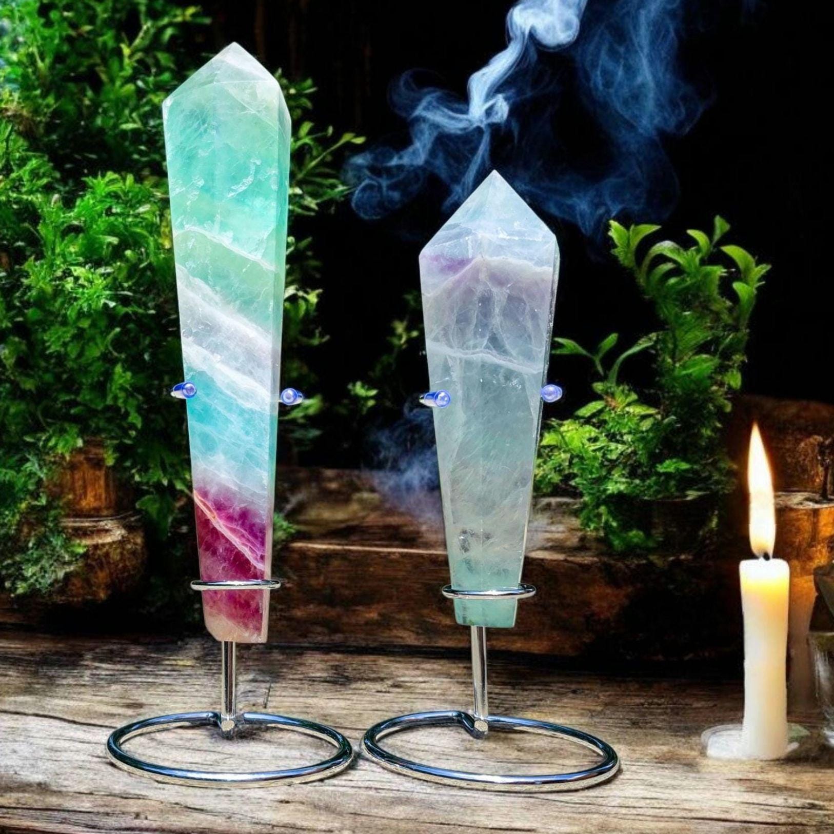 Large Rainbow Fluorite Wand: Polished Crystal Altar Decor with FREE Stand