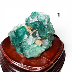 May include: A vibrant green fluorite crystal cluster with cubic formations, displayed on a polished, dark brown wooden stand. The crystal's facets reflect light, showcasing its natural beauty. The number "1" is visible in the background.