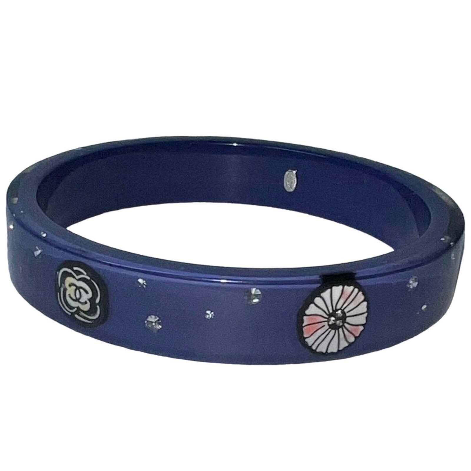 AUTH Chanel Navy Blue Resin CC Logo Camellia Flower