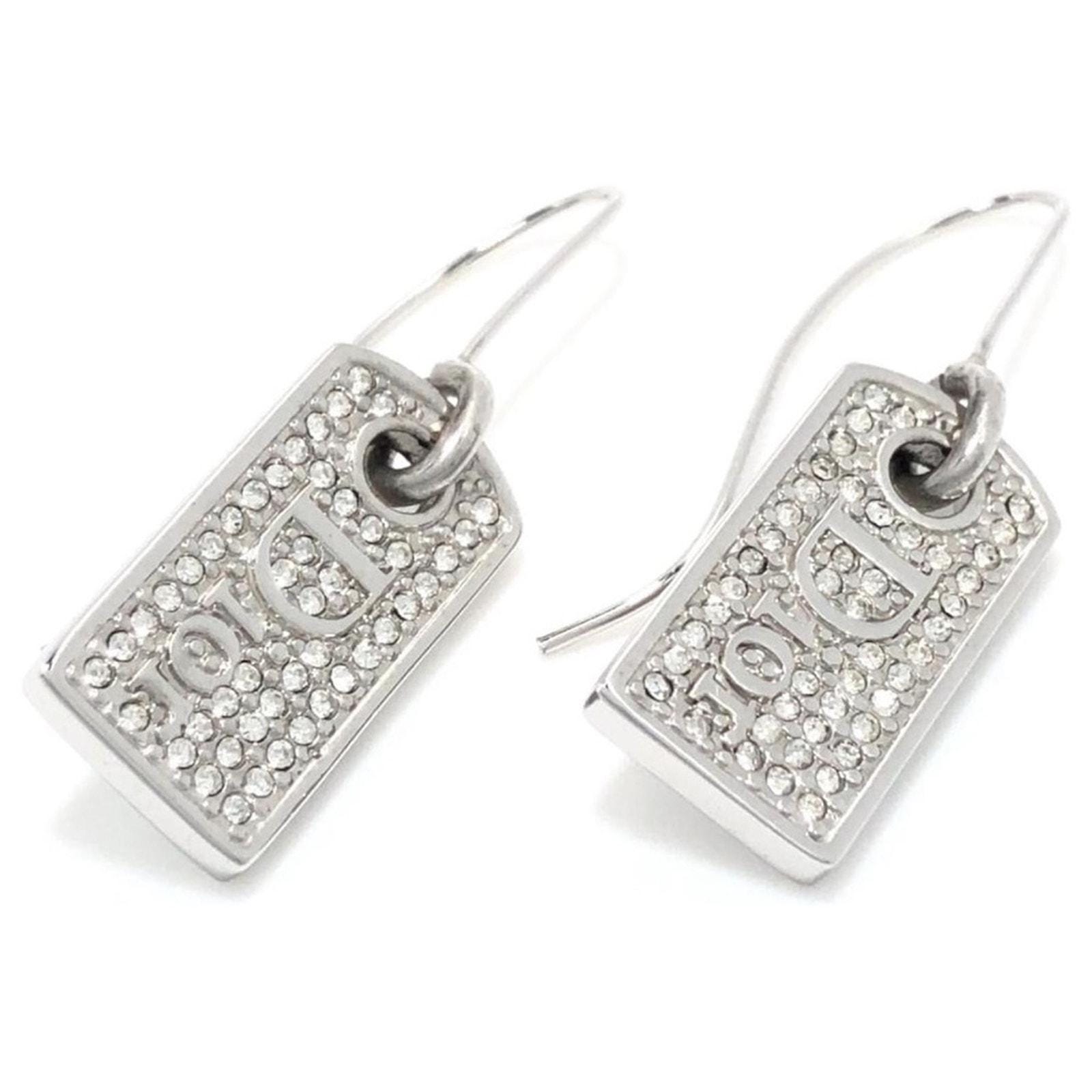 VTG AUTH Christian Dior Silver Rhinestone Logo Dog Tag Hook Charm