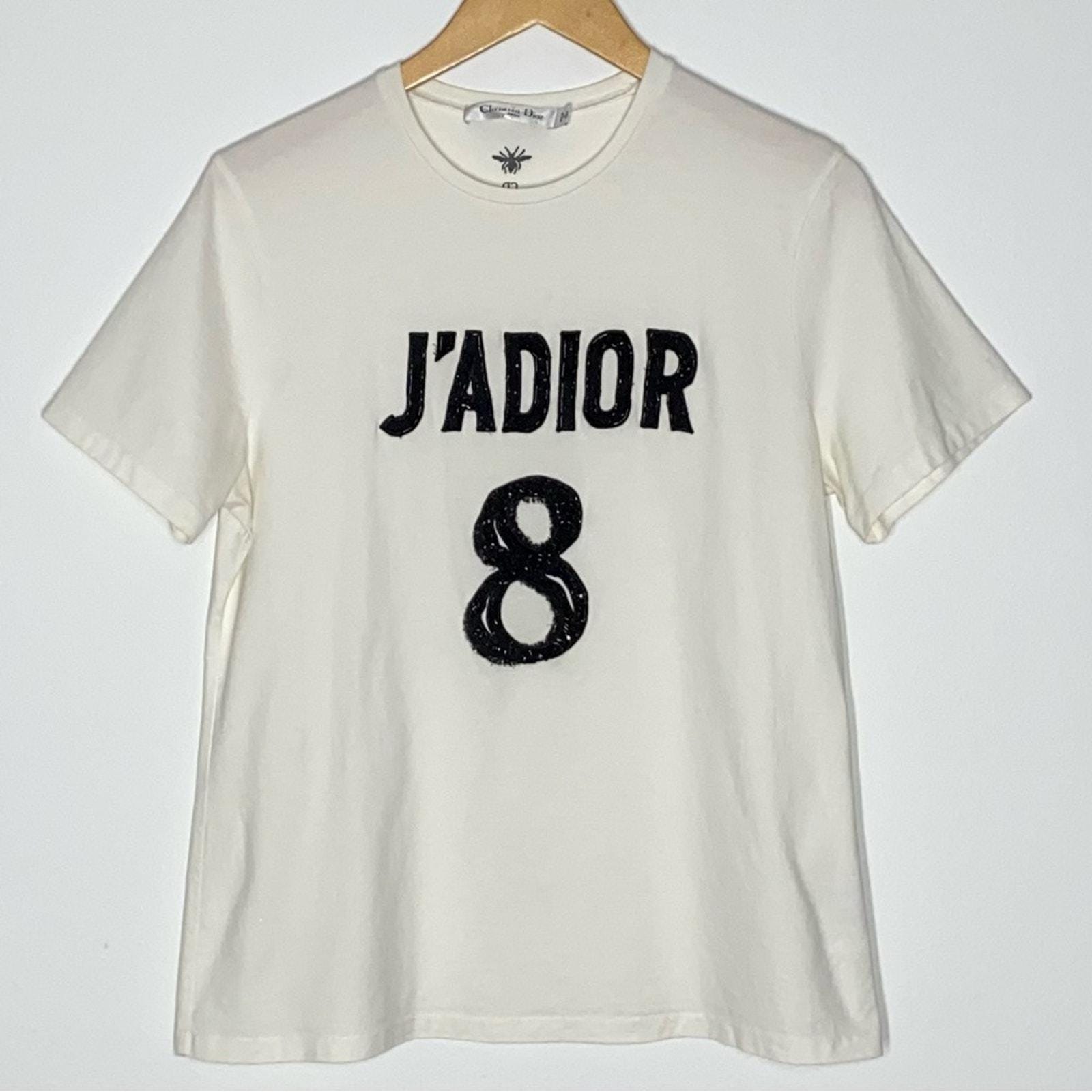 L AUTH Christian Dior Linen J'adior 8 Embellished Logo White Tee