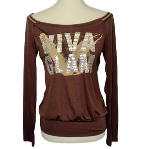 L VTG Y2k Topia Viva Glam Off Shoulder Brown Studded Graphic Long Sleeve Tee Top
