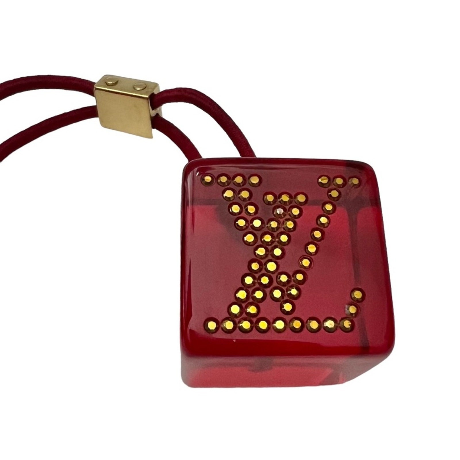 Pink Louis Vuitton Red hair Tie cubes with monogram Gold crystal accents AUTH Louis Vuitton Red Lucite Rhinestone LV Logo Jumbo Hair  main image 4