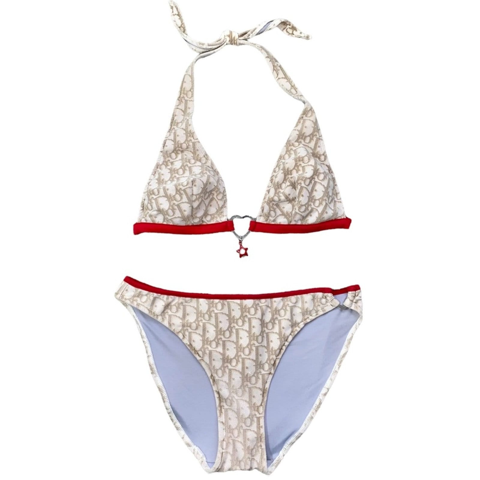 S AUTH VTG Christian Dior Tan Red Charm Trotter Logo Print Bikini