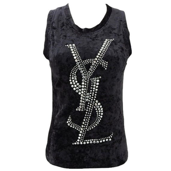 AUTH VTG Yves Saint Laurent YSL Black Velvet Rhinestone Logo Tank