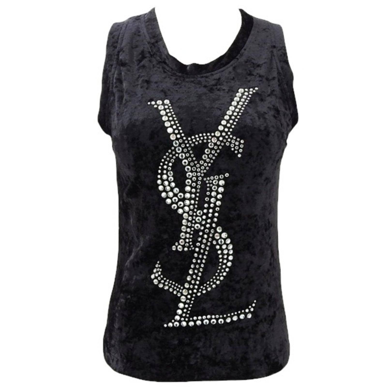 AUTH VTG Yves Saint Laurent YSL Black Velvet Rhinestone Logo Tank 