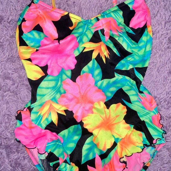 VTG 80s Miss USA Union Made Neon Tropical Ruffle … - image 6