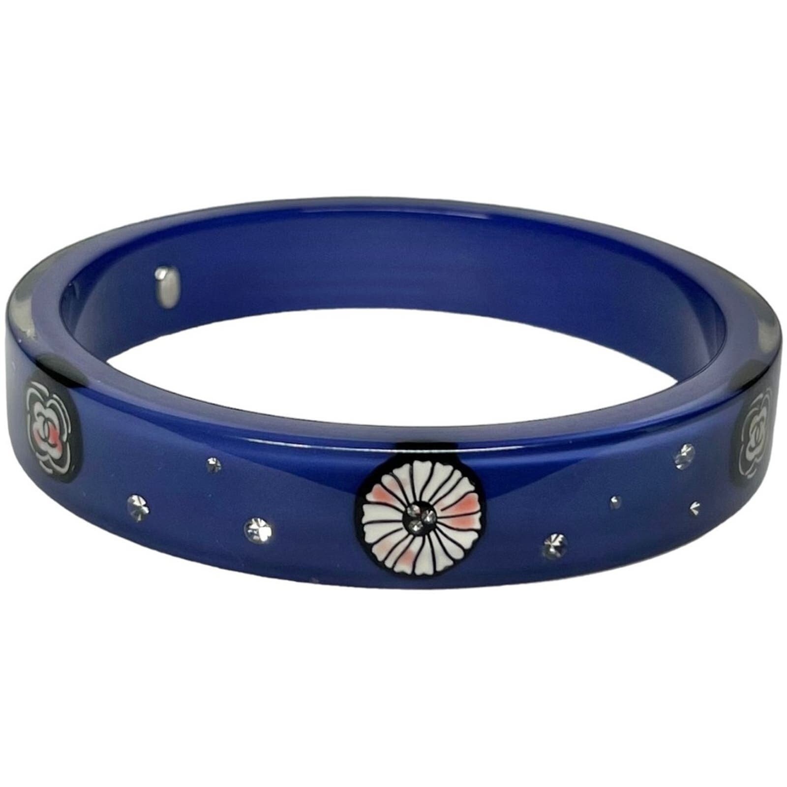 AUTH Chanel Navy Blue Resin CC Logo Camellia Flower