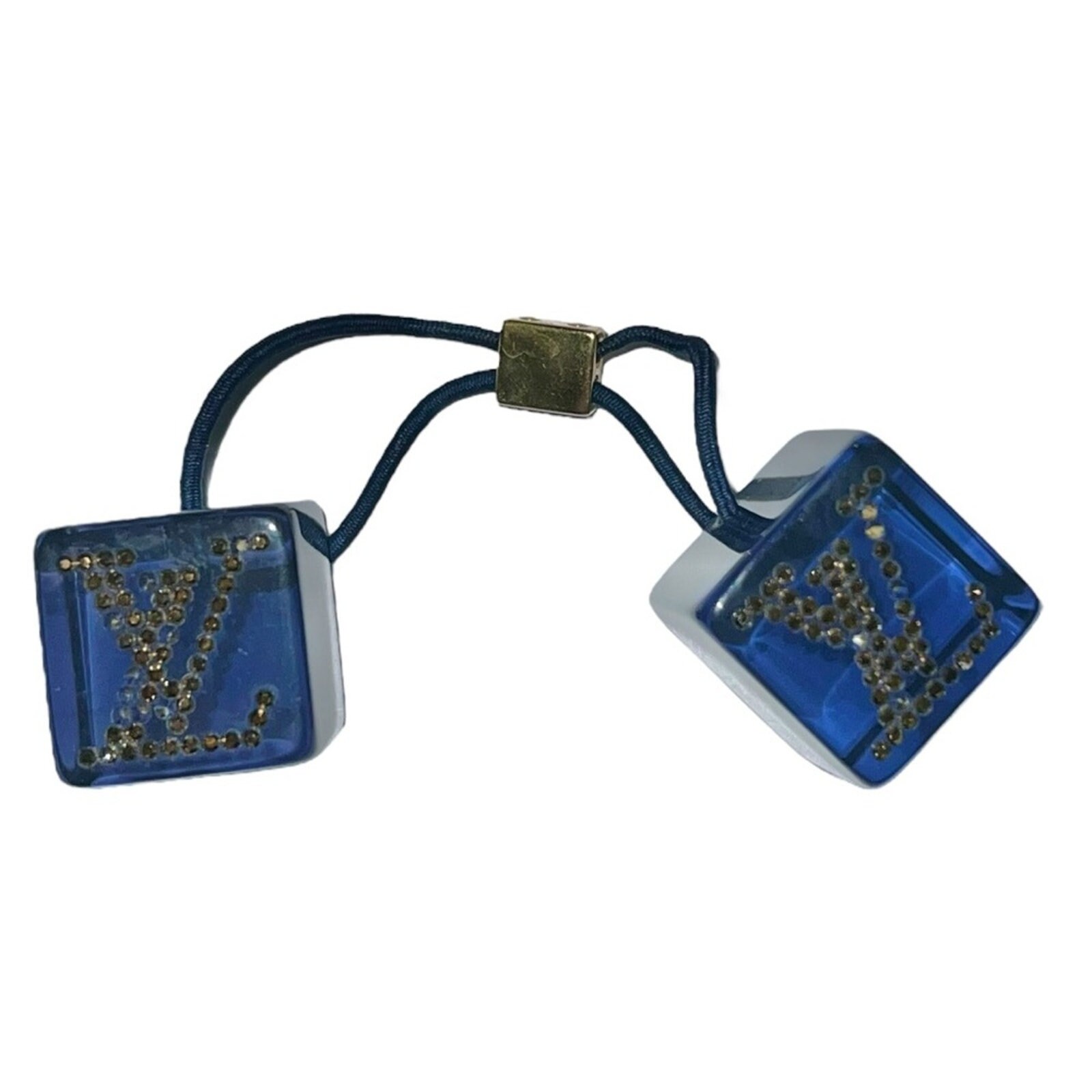 Authentic Louis Vuitton Dark Blue and Gold Logo Cube Hair Tie Set AUTH Louis Vuitton Dark Blue Lucite LV Rhinestone Logo Jumbo  main image 2