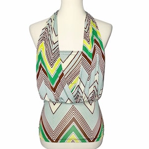 S Rave LVLx Draped Plunge Neck Zig Zag Chevron Print Halter Tube Club Top