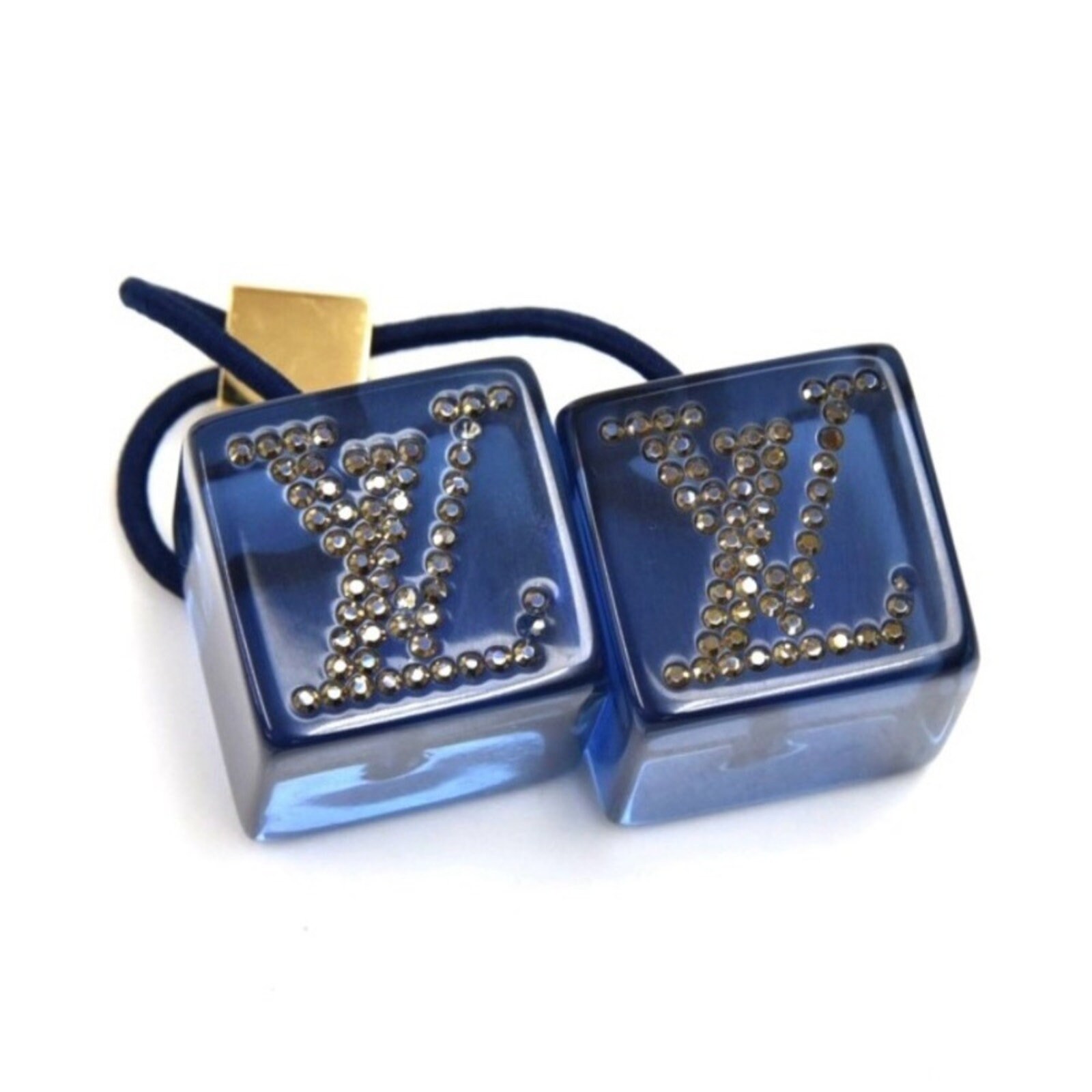 AUTH Louis Vuitton Dark Blue Lucite LV Rhinestone Logo Jumbo