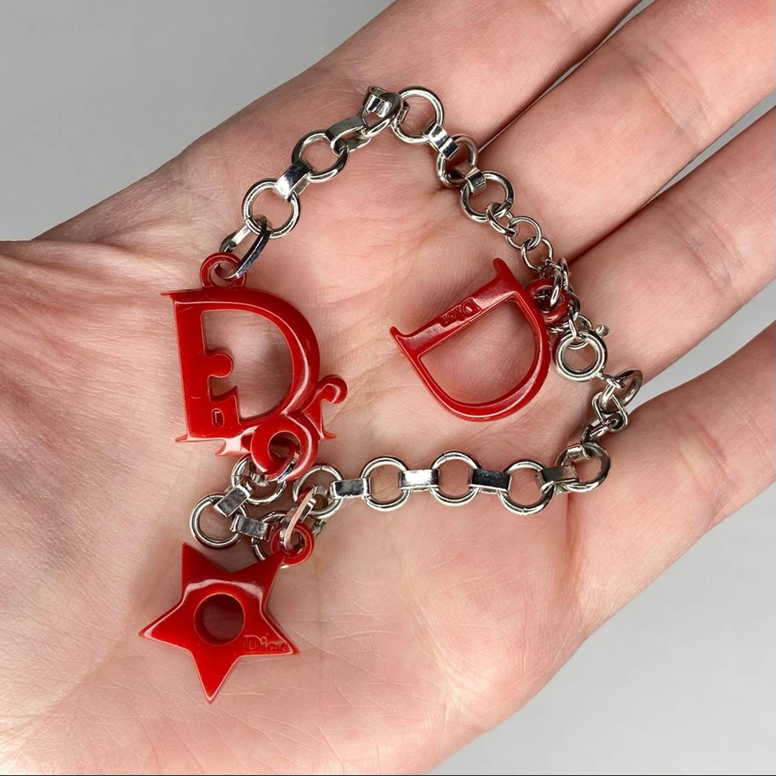 VTG Christian Dior Silver Chain Link Red Acrylic Logo Star