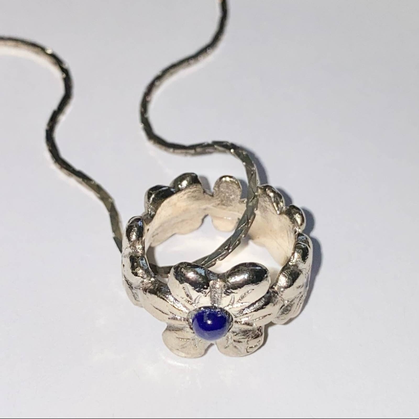 VTG Galliano Christian Dior Silver Metal Lapis Lazuli Flower Ring
