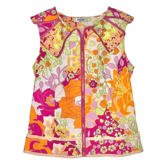 Moschino Jeans, S VTG Moschino Jeans Colorful Psychedelic Hippie Floral Print Zip Up Vest