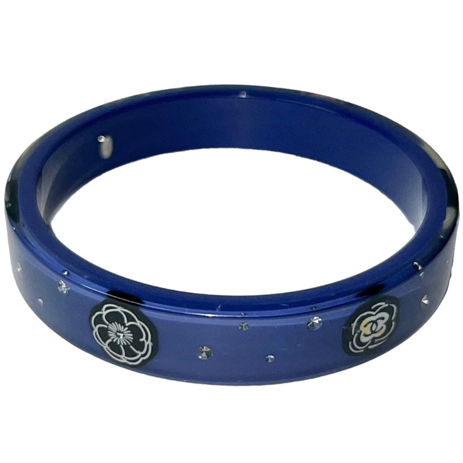 AUTH Chanel Navy Blue Resin CC Logo Camellia Flower