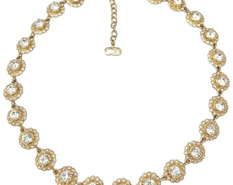 AUTH VTG Christian Dior Gold BLING Crystal Flower Rhinestone Choker Necklace
