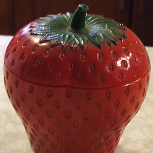 Mid Century Pair (2)  Painted Glasbake Lidded Strawberry Jars, Vintage 1950&#39;s Era