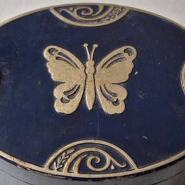 Art Deco Vanity/Powder Box, "Lucretia Vanderbilt"  Blue Butterfly Tin, Vintage 1930's Era