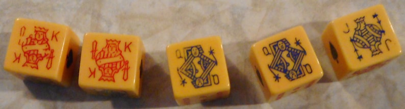 Circa 1940/'s Set of Five Vintage Bakelite Poker Dice in Plastic Snap Case