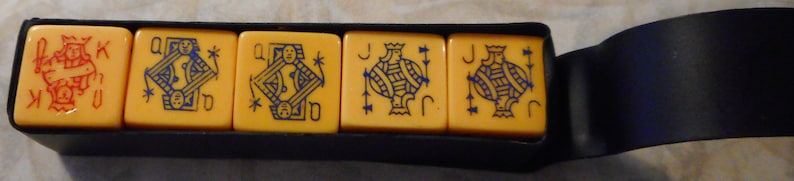 Circa 1940/'s Set of Five Vintage Bakelite Poker Dice in Plastic Snap Case