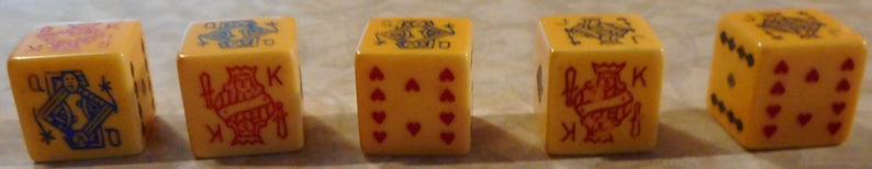 Circa 1940/'s Set of Five Vintage Bakelite Poker Dice in Plastic Snap Case