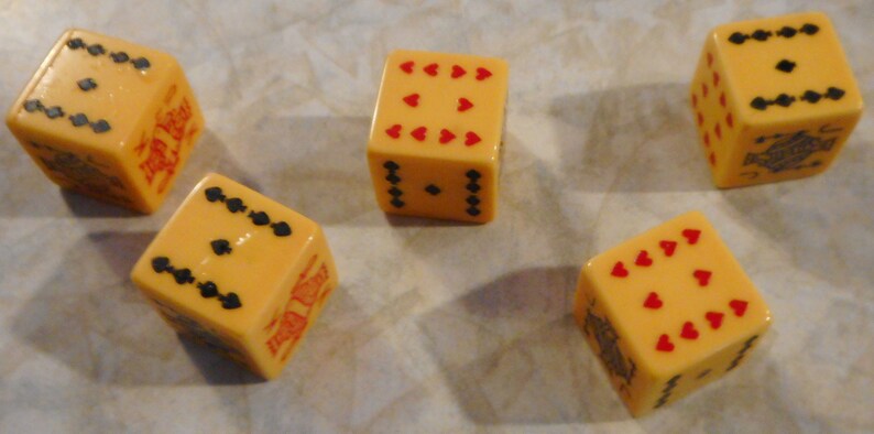 Circa 1940/'s Set of Five Vintage Bakelite Poker Dice in Plastic Snap Case