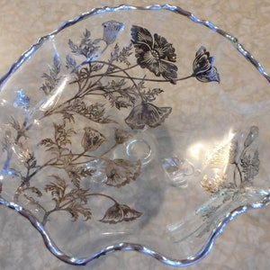 Flanders Poppy - Silver Overlay Glass Bowl, Scalloped Edged Three Footed, Vintage - 1970&#39;s Era
