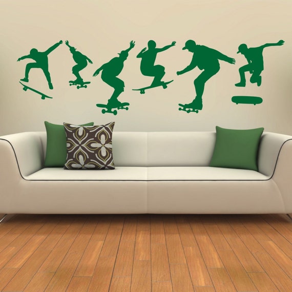 Skate boarding extreme sport set of six silhouettes Wall Art Decal Stickers.