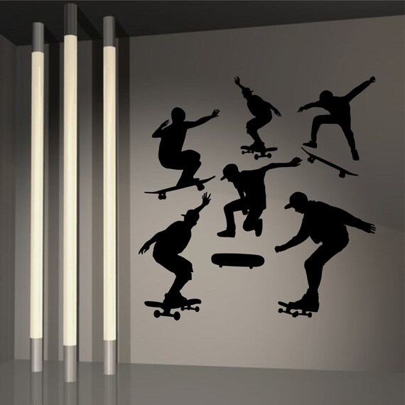 Skate boarding extreme sport set of six silhouettes Wall Art Decal Stickers.