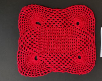 Vintage Handmade Red Crochet Doilies - Set of 4, 11 inch Square