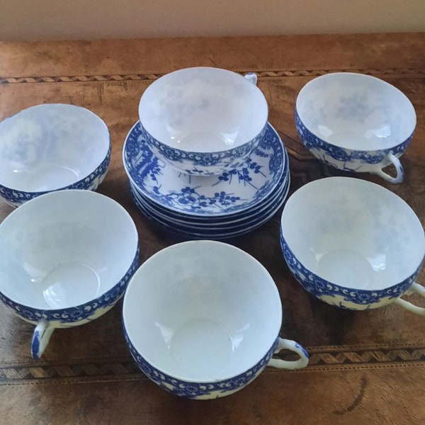 Set of 6 midcentury Japanese teacups, Cobalt blue and white eggshell porcelain, Teacups plates vintage, Teapot porcelain, Japanese porcelain