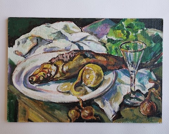 Sardinmålning, original oljemålning, stilleben fisk väggkonst, impressionistiskt konstverk,