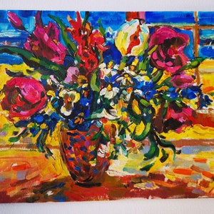 Vintage Oil Painting Original, Still Life Abstract Painting 9"x12", Vintage Wall Art, Bouquet of Flowers Artwork, Bright Multicolored Art