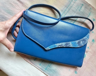 1970s Vintage Blue Leather Clutch: Snakeskin Detail Retro Handbag