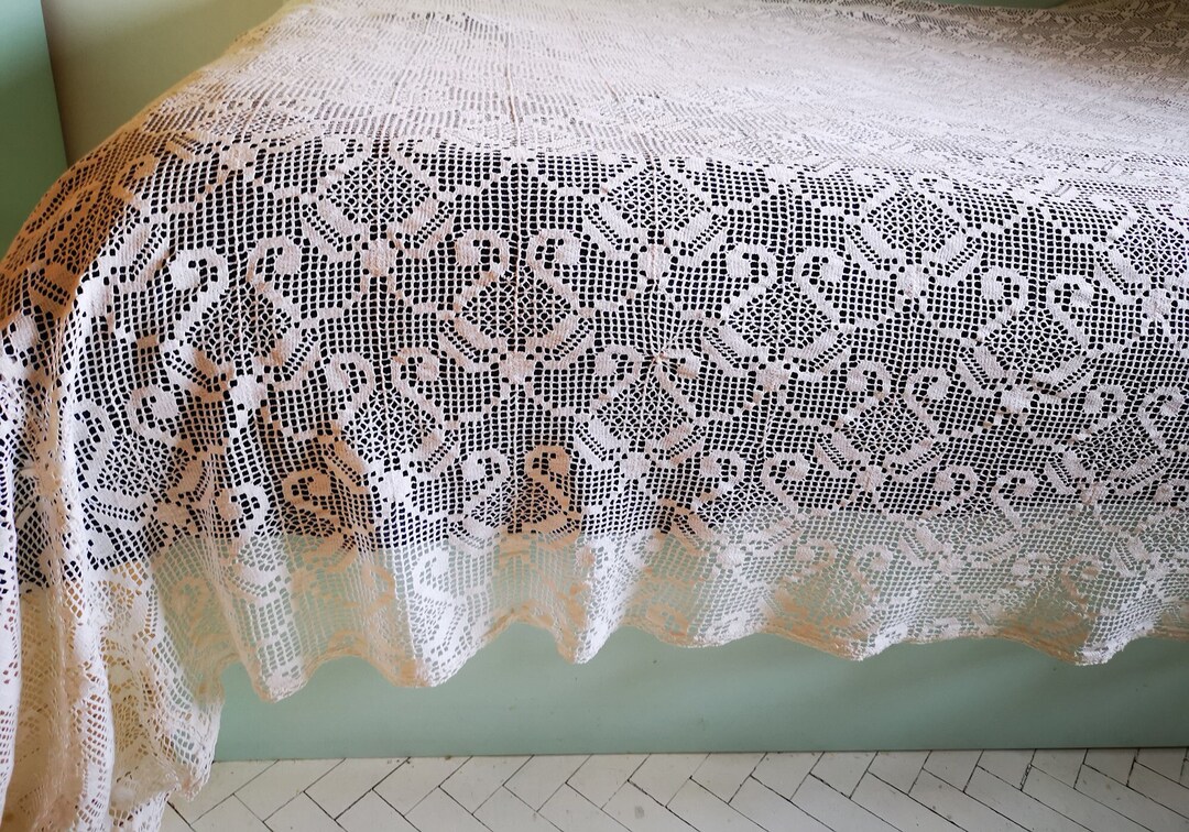 Vintage Hand Crocheted Cotton Bedspread: King Size Shabby Chic ...
