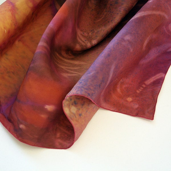 Silk Scarf, Vintage Silk Scarf, Hand Painted Silk Scarf, Orange Purple Red Pink Scarf