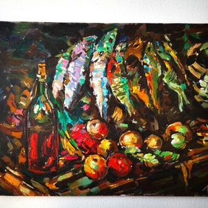 Vintage Oil Painting Original, Sardine Fish & Vine Still Life Painting 10"x13", Vintage Wall Art, Seafood Artwork, Abstract Still life